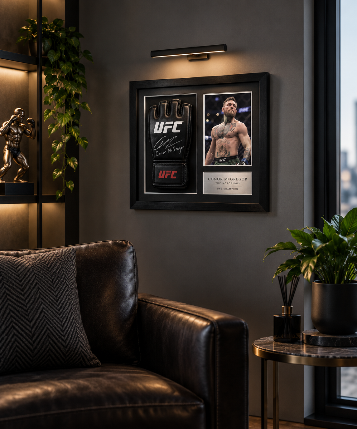 Framed Conor McGregor signed UFC glove display in a private study